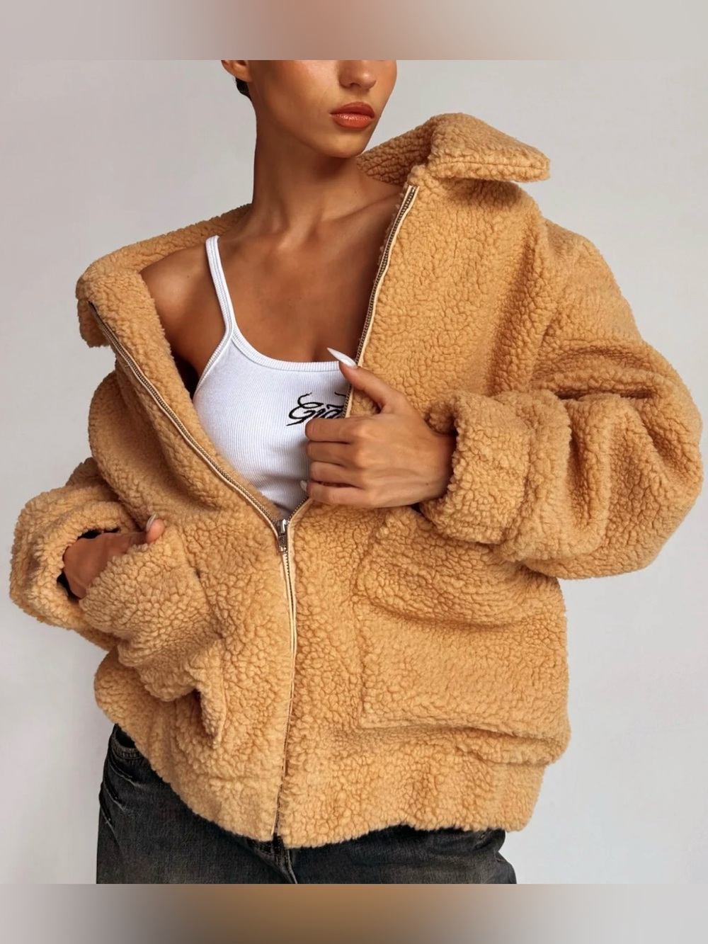 I.AM.GIA Pixie Camel Tan Teddy Coat Oversized Cozy Sherpa Pockets Size S